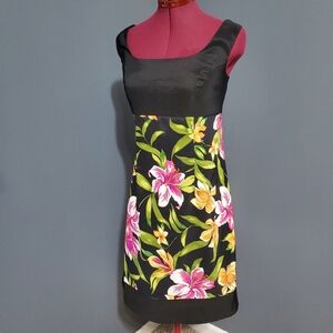 Dressbarn Black Yellow Pink Hibiscus Midi Sheath Dress Size 10